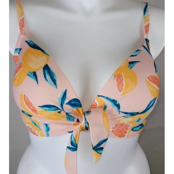 Shade & Shore Swimsuit Double Tie Front Ribbed Pad Multicolor 36C Graphic Fruit - Picture 1 of 12